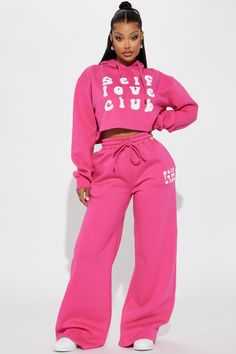 Self Love Club Wide Leg Sweatpants - Pink Trendy Pink Wide Leg Sweatpants, Cute Fashion Nova Outfits, Pink Fitted Sweatpants For Streetwear, Trendy Full-length Pink Sweatpants, Pink Sweatpants With Pockets, Wide Leg, Pink Wide-leg Sweatpants With Pockets, Korean Tips, Designer Sweatpants