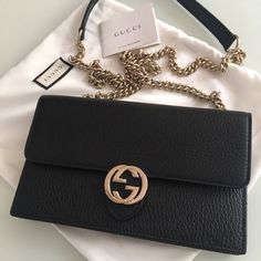 New with tags: A brand-new, unused, and unworn item (including handmade items) in the original packaging (such as the original box or bag) and/or with the original tags attached. Gucci GG Black Crossbody Handbag Calf Leather Gold Chain Purse Bag Italy NEW GUCCI 615523 CAO0G 1000O WWL(377W) 369664DOLLAR CALFO PROD8093123167 This stylish chain wallet is crafted of textured calfskin leather in black and features a front flap with a polished light gold interlocking GG Gucci logo. The flap opens to a Gucci Crossbody Bag, Gucci Crossbody, Chain Purse, Gucci Logo, Chain Wallet, Black Crossbody, Wallet Chain, Purse Bag, Chain Bags