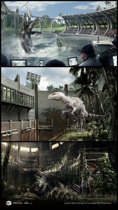 an artist's rendering of dinosaurs and people in the water at different stages of development