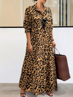 Plus Size Random Floral Print Lapel Leopard Print Long Sleeve Casual Dress Maxi Women Outfit Multicolor Casual,Modest  Long Sleeve Woven Fabric Leopard Print,Plants,All Over Print,Textured Pattern Shirt Slight Stretch  Women Plus Clothing, size features are:Bust: ,Length: ,Sleeve Length: Leopard Print Dress Outfit, Casual Maxi Dress Outfit, Animal Print Plus Size, Dress For Plus Size, Button Down Maxi Dress, Sukienki Plus Size, A Line Maxi Dress, Maxi Dress Outfit, Long Sleeve Casual Dress