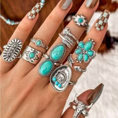 Super Cute And Stylish Ships In 5-10 Business Days Teal Jewelry Western, Western Jewelry Rings, Western Rings, Country Rings, Texas Map, Turquoise Flowers, Rose Jewelry, Vintage Western, Western Jewelry