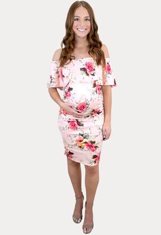 Blush Floral Pregnancy Dress- Sexy Mama Maternity This blush floral pregnancy dress is a must have! Features a tight fit and a ruffle on top. With super soft fabric, this dress is the perfect blend of comfort and style. Sophisticated fun with pops of floral color that flatter all your mama curves. Ideal for all nine months of pregnancy and beyond. #SexyMamaMaternity #babyshowerdresses #maternitydresses Chic Spring Maternity Dress Nursing Friendly, Summer Fitted Nursing-friendly Dress, Elegant Bump Friendly Spring Dresses, Elegant Spring Bump Friendly Dresses, Chic Spring Bump-friendly Dress, Elegant Spring Dresses Bump Friendly, Elegant Spring Dresses, Bump Friendly, Fitted Pink Nursing-friendly Dress, Fitted Pink Nursing Friendly Dress