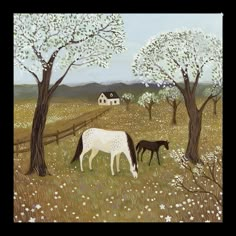 a painting of horses grazing in a field next to trees and a house with a white roof