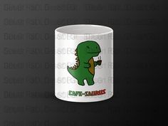 a white coffee mug with an image of a dinosaur holding a cup in its hand