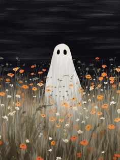 a painting of a ghost in a field of flowers