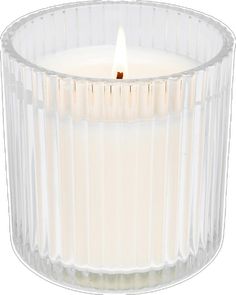 a clear glass candle holder with a single burning candle inside the container, on a white background