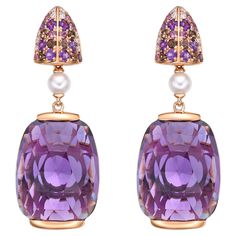 Presented A stunning variety of amethyst gemstones for those who respect quality and wish to wear them on any occasion or everyday basis. The rose gold amethyst earrings, embellished with rhodolite, smoky quartz and diamonds, has a timeless and exquisite appeal. Amethyst Drop Earrings in 18Karat Rose Gold with Rhodolite, Smoky Quartz, and White Diamond. Amethyst: 33.28 carat, 20X15mm size, cushion fancy shape. Rhodolite: 0.33 carat, 1.50mm size, round shape. Amethyst: 0.39 carat, 2.00mm size, round shape. Smoky Quartz: 0.25 carat, 1.70mm size, round shape. Smoky Quartz: 0.13 carat, 1.20mm size, round shape. Smoky Quartz: 0.06 carat, 1.00mm size, round shape. White Diamond: 0.11 carat, 2.50mm size, round shape, G color, VS clarity. Gold: 8.41g, 18Karat Rose Gold. Pin and Push Back E419 Gold Pin, Naha, Pearl Gemstone, Amethyst Earrings, Pearl Diamond, Modern Earrings, Amethyst Gemstone, The Rose, Smoky Quartz