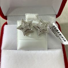 Beautiful 14 Kt White Gold And Diamond Puffed Star Stud Earrings! This Diamond Star Earring Is A Great Gift For A Heart Love Friends Relationship Admirer And Is Hand-Wrapped In A Beautiful Jewelry Gift Box. Diamond White Star Earrings For Anniversary, Silver Star-shaped Diamond Earrings With Accents, Star-shaped Silver Diamond Earrings, Silver Star-shaped Diamond Earrings, Star Shaped Diamond Accent Earrings For Formal, Star-shaped White Gold Earrings With Diamond Accents, Sterling Silver Star Earrings With Diamond Accents, Star-shaped Earrings With Diamond Accents For Formal Occasions, Star Shaped Earrings With Diamond Accents For Formal Events