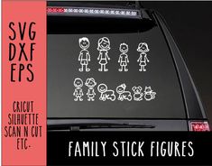 family stick figures decal on the back of a car with text saying svg dxf epss cricut silhouette scan n cut etc