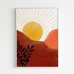 a painting on a wall with the sun in the sky above it and mountains below