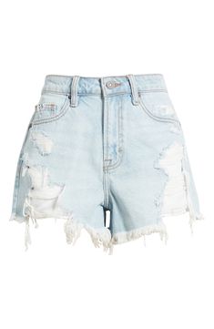 Dramatic ripping and distressing bring plenty of old-school attitude to these nonstretch-denim cutoff shorts. 2 1/2" inseam; 11" front rise Zip fly with button closure Five-pocket style 100% cotton Machine wash, tumble dry Imported Edgy Ripped High-waisted Jean Shorts, Edgy Ripped Denim Shorts, Ripped Edgy Jean Shorts, Edgy Cutoff Denim Shorts, Edgy Ripped Short Jeans, Edgy Ripped Jean Shorts, Edgy Ripped Denim Jean Shorts, Edgy Ripped Mid-rise Jean Shorts, Edgy Ripped Cutoff Jean Shorts