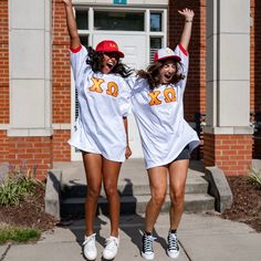 This trendy & unique Basic Sorority Crew Neck Greek Letter Jersey is sure to stand out on any campus! These stitched letter jerseys are perfect for your chapter's bid day celebration! Picture Details ⭑ #1: Light Pink Shirt (White cuff trim), Neon Pink top fabric, White background fabric (Phi Mu) ⭑ #2-3: White Shirt (Red cuff trim), Yellow Gold top fabric, Red background fabric (Chi Omega) ⭑ #4-5: Maroon Shirt (White cuff trim), Light Purple top fabric, White background fabric (Sigma Kappa) ⭑ #6- White Top With Letter Patch For College, White Letter Patch Top For College, White College Top With Letter Patch, Collegiate Tops With Letter Embroidery For Game Day, Collegiate Letter Embroidery Top For Game Day, White Baseball Jersey For School Spirit, White College Baseball Jersey With School Spirit, White Varsity T-shirt With Letter Embroidery, White School Spirit Baseball Jersey For Game Day