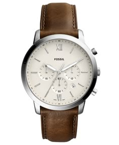 An uncomplicated aesthetic distinguishes the cream dial and smooth stainless steel case of this architecturally-inspired Neutra chronograph watch from Fossil. Style #FS5380 Cheap Men's Chronograph Watches, Best Watches For Men Macy's, Stylish Watches For Men Macy's, Men Bracelets And Watch, Engravings On Watches For Him, Fossil Watches For Men, Brown Leather Strap Watch, Timeless Watches, Swiss Army Watches