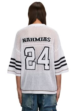 WHITE KNIT FOOTBALL JERSEY 100% COTTON DROPPED SHOULDERS NAHMIAS / 24 MOTIF ON FRONT & BACK DRY CLEAN ONLY. SKU: KW9-T5G37-100 SIZE GUIDE Crochet Football, Football Outfit, Crochet Sweaters, Earthy Outfits, Jersey Football, Vacation Mood, Crochet Inspo, Upcycled Fashion, Football Outfits