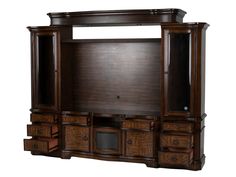 a wooden entertainment center with drawers and cupboards on top of each cabinet, in an antique style