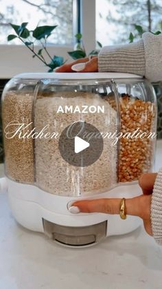 a person holding a container with grains in it and the words amazon written on it