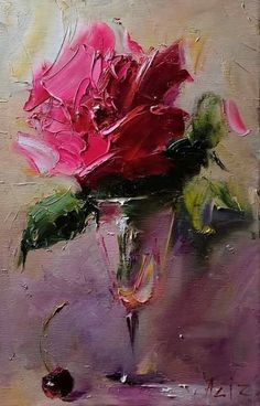 a painting of a pink rose in a glass vase