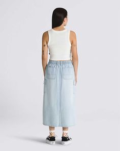 Summer Casual Denim Blue Cargo Skirt, Casual Denim Blue Cargo Skirt For Summer, Denim Blue Cotton Cargo Skirt For Summer, Summer Denim Blue Cotton Cargo Skirt, Casual Denim Blue Cotton Maxi Skirt, Summer Long Denim Skirt In Light Wash, Light Wash Long Denim Skirt For Summer, Denim Cargo Skirt For Spring, Denim Blue Cargo Skirt For Spring