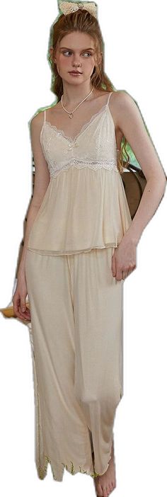 Elegant Camisole Sleep Sets, Elegant Sleep Sets With Camisole, Elegant Night Sets With Lace Trim, Cream Camisole Sleepwear For Spring, Elegant Summer Night Sets, Elegant Sleeveless Sleep Sets, Elegant Night Sets For Summer, Elegant Lace Trim Sleep Sets, Beige Sleeveless Sleepwear For Wedding Night