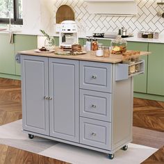 a kitchen island cart with food on it