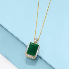 Ross-Simons - 5.50ct Emerald, .25ct t. w. Diamond Pendant Necklace in 14kt Yellow Gold. 18". Emerald lovers will appreciate the value of this impressive jewel. Our pendant necklace frames a 5.50 carat emerald with .25 ct. t. w. round brilliant-cut diamonds. Set in polished 14kt yellow gold with white rhodium around the diamonds to enhance their sparkle and create a two-tone look. Suspends from a rope chain with a lobster clasp. Diamond and emerald pendant necklace. Emerald birthstones are the pe White Gold Diamond Emerald Necklace With Hallmark, Classic White Gold Emerald Necklace With Diamond Accents, Elegant Brilliant Cut Emerald Necklace For Anniversary, Classic Emerald And Diamond Necklace, Classic Hallmarked Emerald Necklace With Diamonds, Classic Hallmarked Emerald And Diamond Necklace, Classic Hallmarked Diamond Emerald Necklace, Exquisite Emerald Cut Diamond Necklace, Classic Emerald Necklace With Diamond Accents For Formal Occasions