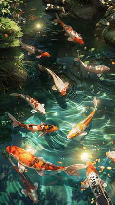 many koi fish are swimming in the water