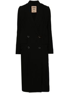 black crepe texture peak lapels long sleeves buttoned cuffs two front flap pockets unlined straight hem long length double-breasted button fastening Fashion Calendar, Uma Wang, Double Breasted Coat, Coat Black, Outerwear Coats, Outerwear Women, Black Coat, European Fashion, Long Length