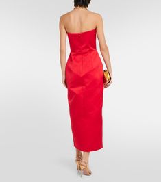 Strapless midi dress in red - Emilia Wickstead | Mytheresa Red Satin Midi Dress For Formal Occasions, Chic Strapless Dress For Red Carpet, Silk Strapless Dress For Cocktail Events, Red Silk Dress For Party, Silk Maxi Dress For Red Carpet, Red Satin Evening Midi Dress, Red Knee-length Dress For Gala, Silk Strapless Midi Dress For Summer, Spring Silk Strapless Midi Dress