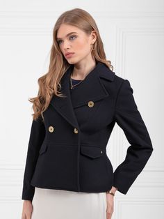 Beautifully tailored, the Victoria Jacket draws inspiration from the coat of the same name, taking your outerwear wardrobe to new heights. Double breasted, for classic elegance, with princess seaming and a fitted waist for a superbly flattering silhouette. Individually handmade in Portugal from exceptional quality Italian wool and fully lined with piping, it’s finished with antique brass buttons, chevron detail on the back, sleeves and pocket flaps, and a neckline that you can wear open or butto Formal Structured Wool Coat With Double-breasted Buttons, Luxury Office Peacoat With Double Button Closure, Luxury Double-breasted Pea Coat For Office, Luxury Tailored Peacoat For Office, Formal Structured Double-breasted Pea Coat, Elegant Sport Coat With Lapel Collar And Button Closure, Luxury Single-breasted Peacoat For Office, Luxury Fitted Peacoat With Double Button Closure, Luxury Fitted Peacoat With Double Button