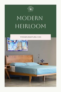 the modern heir bed frame is made from wood and has a blue bedspread