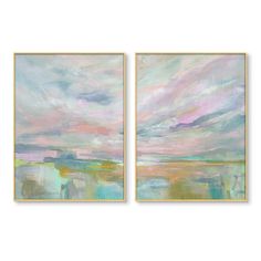 two paintings on the wall, one with pink and blue clouds in it's center