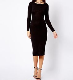 Simply Me Long Sleeve Extended Midi Dress - Solo Stylez Knee-length Black Midi Dress For Winter, Sleek Solid Dresses For Fall, Winter Bodycon Midi Dress For Night Out, Sleek Bodycon Dress For Winter Night Out, Sleek Winter Bodycon Dress For Night Out, Sleek Solid Color Fall Dresses, Fall Long Sleeve Sleek Bodycon Dress, Stretch Midi Dress For Date Night In Winter, Stretch Midi Dress For Winter Date Night