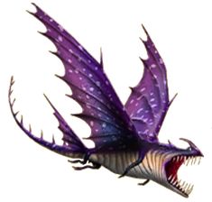 a purple dragon flying through the air with its mouth open