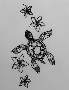 a drawing of a turtle and flowers on a white paper with black ink, drawn by hand