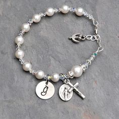 Confirmation Gift for Girls - Personalized Catholic Rosary Bracelet - Sparkly Clear Crystal, Swarovski Pearl - Sterling Hand Stamped Initial by RosariesOfLove on Etsy Silver Beaded Bracelets With Pearl Charm As Gift, Round Pearl Crystal Bracelet For Gift, Personalized Silver Crystal Bracelet, Adjustable, Adjustable Silver Pearl Bracelet For Birthday, Silver Bracelets With Pearl Charm As Gift, Elegant Pearl Jewelry For Confirmation, Personalized Silver Crystal Bracelet For Mother's Day, Silver Pearl Bracelet With Pearl Charm For Mother's Day, Silver Beaded Pearl Bracelet Gift