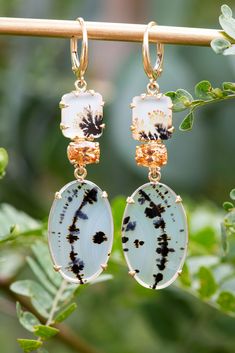 Enchanted Garden Earrings – Eleux Elegant Dangle Earrings With Natural Inclusions, Elegant Amber Agate Earrings, Elegant Chalcedony Earrings With Natural Stones, Garden Earrings, Grossular Garnet, Yellowstone River, Montana Agate, Yellow Gold Earrings, Agate Earrings