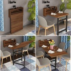 four different views of a dining table and chairs