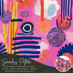 a poster with an image of flowers and plants in pink, blue, yellow and orange colors