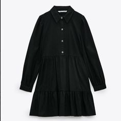 Zara Black Tiered Shirt Dress With Long Sleeves New With Tag! Size: S This Elegant Black Shirt Dress From Zara Features A Classic Collar, Button-Up Front, And Tiered Design For A Sophisticated Look. The Long Sleeves With Buttoned Cuffs Add A Touch Of Refinement, Making It Perfect For Both Casual And Formal Occasions. Crafted From High-Quality Materials, This Dress Ensures Comfort And Style. A18-011 Casual Black Collared Mini Dress, Casual Ruffled Shirt Dress For Fall, Black Collared Midi Dress For Spring, Spring Black Collared Midi Dress, Chic Black Cotton Dress, Zara Black Dress For Daywear, Casual Cotton Shirt Dress By Zara, Casual Black Collared Shirt Dress, Black Button-up Midi Dress For Casual Occasions