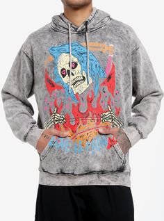 This hoodie will turn any boring 'fit into a better one. It has a bold acid wash and a large  faux-distressed graphic of a heartbroken Grim Reaper with text reading  "Love Is Pain". Front kangaroo pocket and drawstring hood.80% cotton; 10% polyester; 10% recycle polyesterWash cold; dry lowImportedListed in men'sunisex sizesModel is 6'1"Model wears size Large Acid Wash Hooded Soft-washed Sweatshirt, Acid Wash Soft-washed Hooded Sweatshirt, Washed Hoodie Tops For Streetwear, Halloween Graphic Print Hoodie With Relaxed Fit, Halloween Graphic Print Relaxed Fit Hoodie, Acid Wash Distressed Hoodie For Fall, Distressed Acid Wash Hoodie For Fall, Hooded Washed Tops For Streetwear, Hooded Washed Top For Streetwear