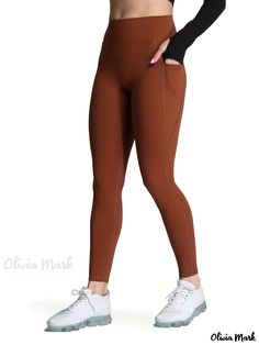 Olivia Mark - Womens Plus Size Sports Leggings: Solid Cross-Waist Tummy Control Yoga Pants with Convenient Phone Pockets Brown Stretch Athleisure Bottoms, Brown Athleisure Bottoms For Workout, Sporty Stretch Brown Pants, Brown Full Length Sports Pants, Brown Full-length Sports Pants, Brown Full Length Pants For Sports, Brown High Waist Sports Bottoms, Stretch Workout Pants In Brown, Brown Stretch Workout Pants