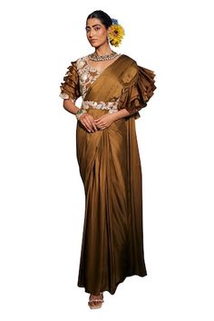 Brown pre-draped ruffled saree. Paired with a floral embroidered ruffled sleeve blouse and embroidered belt. - Aza Fashions Ruffled Saree, Ruffle Sarees, Ruffle Saree, Embroidered Belt, Drape Saree, Saree With Blouse, Brown Floral, Embroidered Blouse, Sarees Online