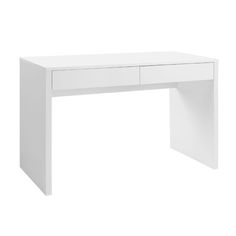 a white desk with two drawers on the top and one drawer at the bottom, in front of a white background