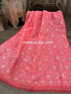 "Full size cotton dupatta with \"tepchi\" hand embroidery and crochet lace." Cotton Saree With Chikankari Embroidery For Navratri, Cotton Lehenga With Resham Embroidery For Festive Occasions, Festival Georgette Fabric With Chikankari Embroidery, Cotton Saree With Multicolor Embroidery For Wedding, Red Dupatta With Chikankari Embroidery In Cambric, Semi-stitched Cotton Dupatta For Festive Occasions, Festive Resham Embroidered Cambric Fabric, Embroidered Red Cambric Dupatta, Wedding Embroidered Cambric Fabric