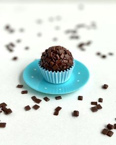 a chocolate cupcake sitting on top of a blue plate