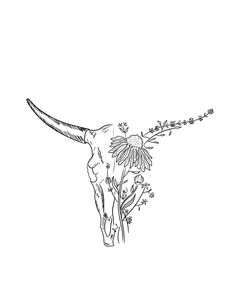 a cow skull with flowers in it's horns