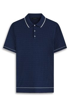 Knit from a breathable cotton-blend yarn with a cozy cable stitch, this short-sleeve polo-sweater is soft against the skin for comfortable styling. 27" length (size Medium) Button half-placket Spread collar Short sleeves 90% cotton, 10% polyester Machine wash, dry flat Made in Turkey Textured Knit Collared Polo Shirt, Navy Short Sleeve Polo Sweater With Ribbed Collar, Classic Cotton Cable Knit Polo Sweater, Casual Polo Collar Top With Pointelle Knit, Casual Tops With Pointelle Knit And Polo Collar, Casual Pointelle Knit Top With Polo Collar, Casual Fitted Polo Sweater With Textured Knit, Fitted Casual Polo Sweater With Textured Knit, Casual Fitted Textured Knit Polo Sweater