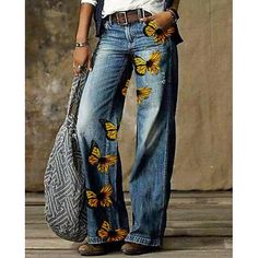 Women's Jeans Flared Pants Faux Denim Side Pockets Wide Leg Print Mid Waist Full Length 1 Summer 2024 - $32.99 Butterfly Pants, Print Pants, Pantalon Large, Vintage Pants, Floral Pants, Footwear Design Women, Denim Flares, Pants Pattern, Pants Jeans