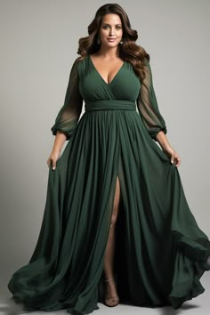 Flycurvy Plus Size Mother Of The Bride Dark Green Chiffon Wrap Lantern Sleeve Split Maxi Dress Midsize Formal Gown, Dress Grad, Plus Size Vestidos, Chiffon Wrap, Evening Dresses Plus Size, Bridesmaid Dresses Plus Size, Split Maxi Dress, Plus Size Outfit, Plus Size Models