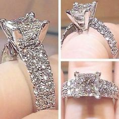 three different views of a princess cut diamond ring